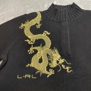 Lauren Ralph Lauren Sweater Womens 1X Black Black Embroidered Gold Logo Dragon